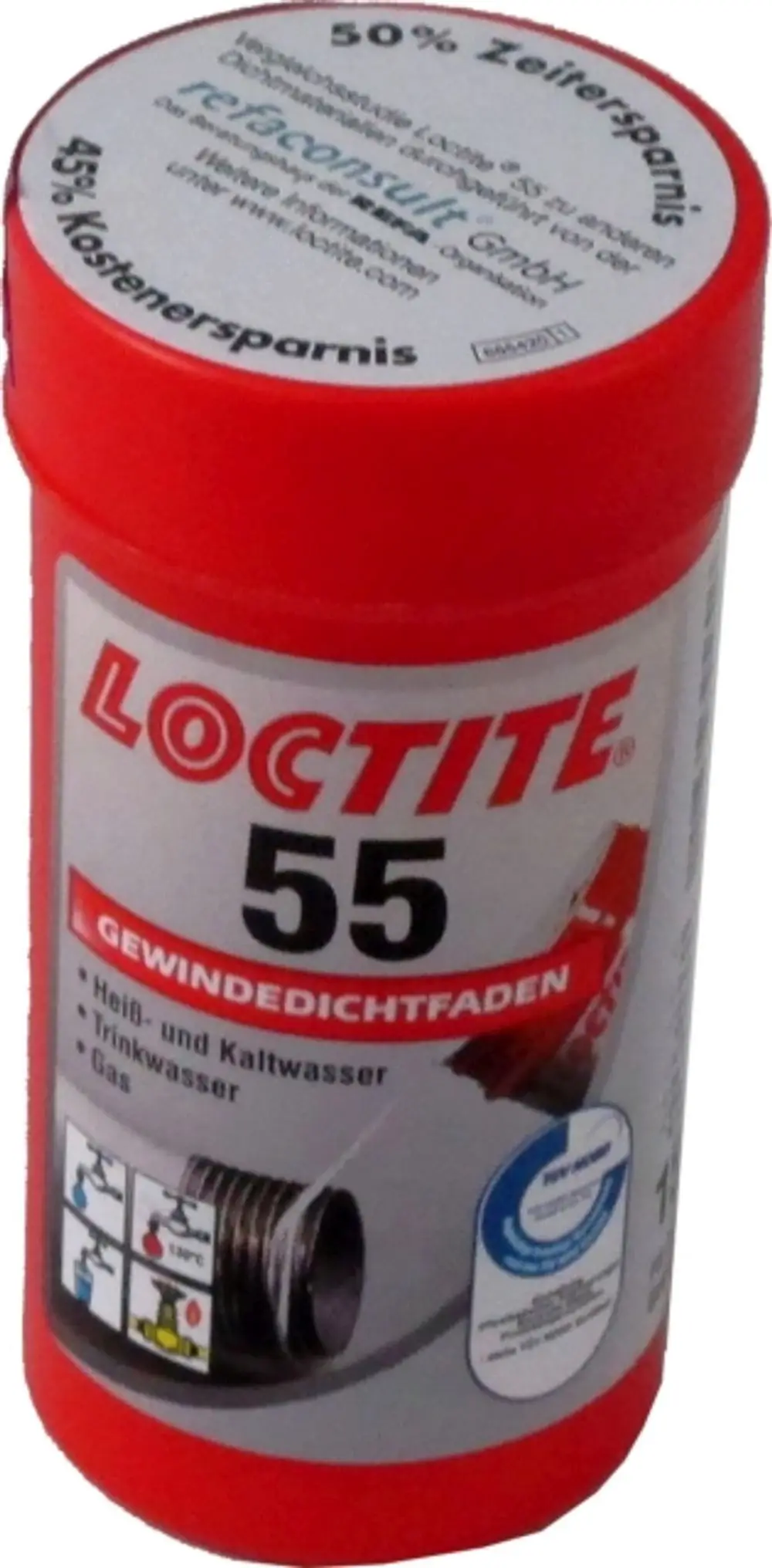 Loctite Gewindedichtfaden in rotem Behälter, geeignet für heiße und kalte Wasserleitungen sowie Gas. Hersteller ist WOLF.